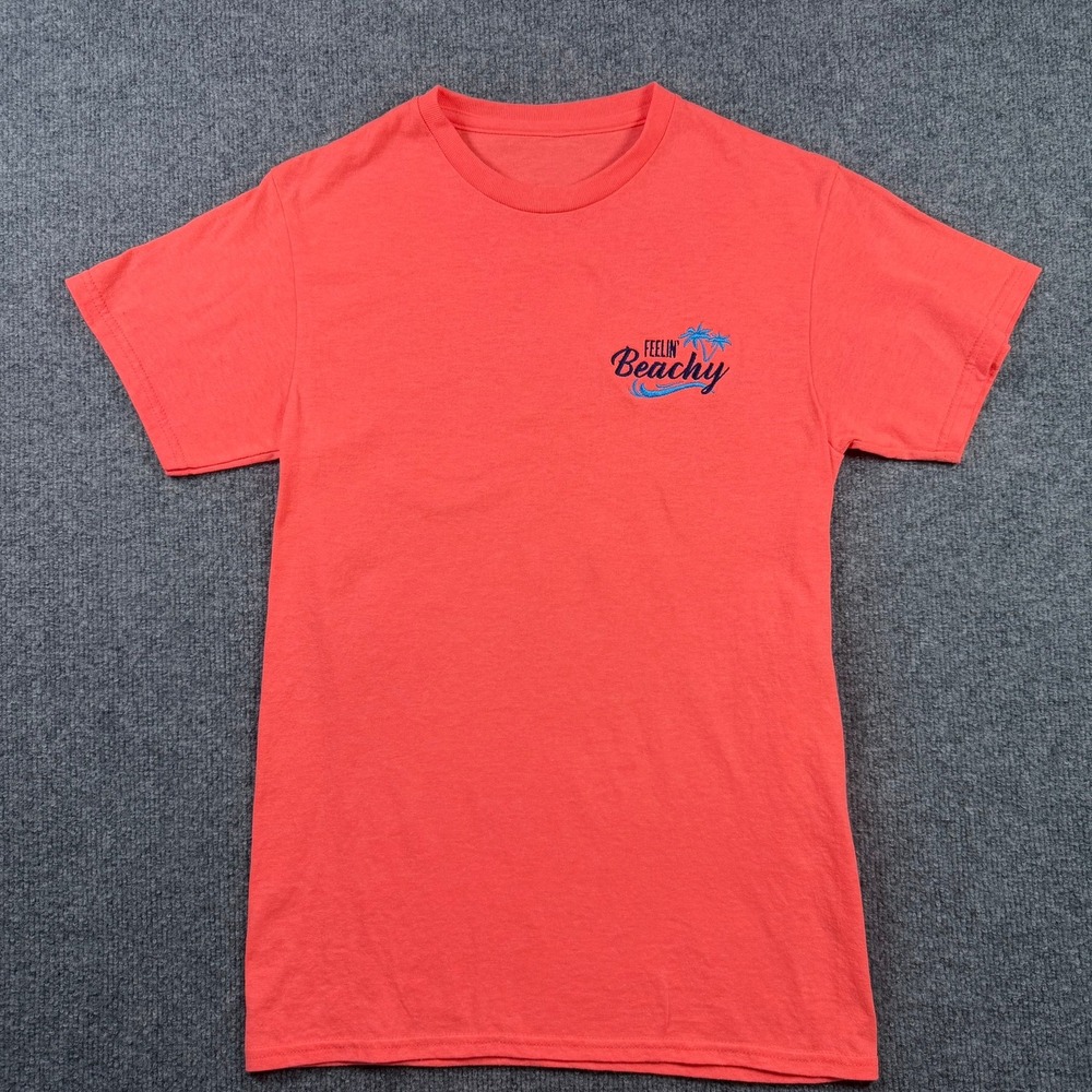 Feelin Beachy Cruise T-Shirt Mens Small Coral Embroidered Palm Tree Graphic Tee